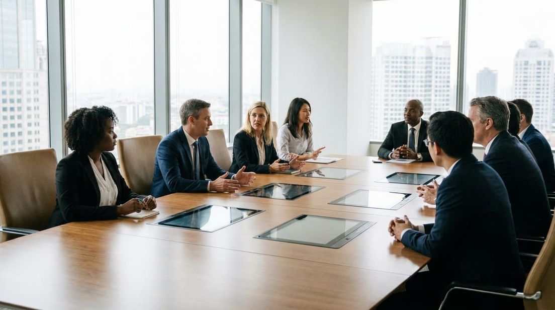 International professionals discussing business strategy in a modern corporate boardroom
