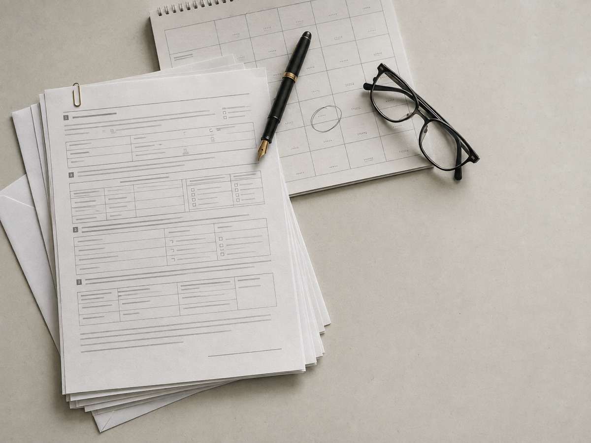 A stack of paper forms, a calendar planner, a pen, and eyeglasses on a desk.
