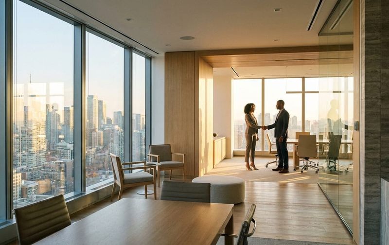 Two professionals shaking hands in a modern, sunlit Canadian office overlooking a city skyline at sunrise.