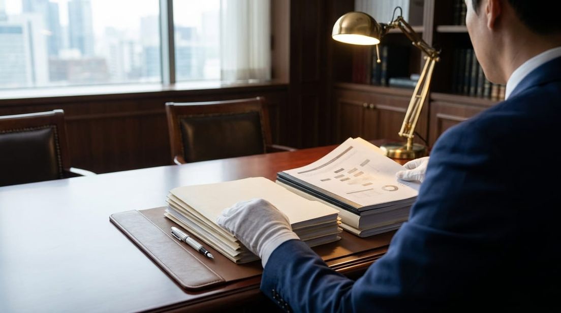 Professional reviewing two parallel stacks of legal documents on a desk, representing the CETA application process.