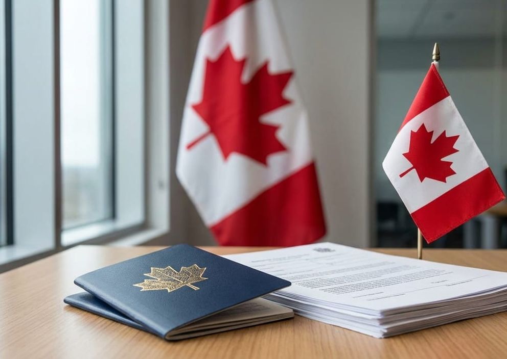 A blue Canadian passport booklet and official documents on a desk with Canadian flags.