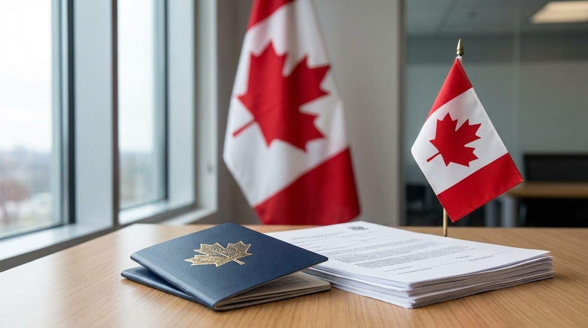 A blue Canadian passport booklet and official documents on a desk with Canadian flags.