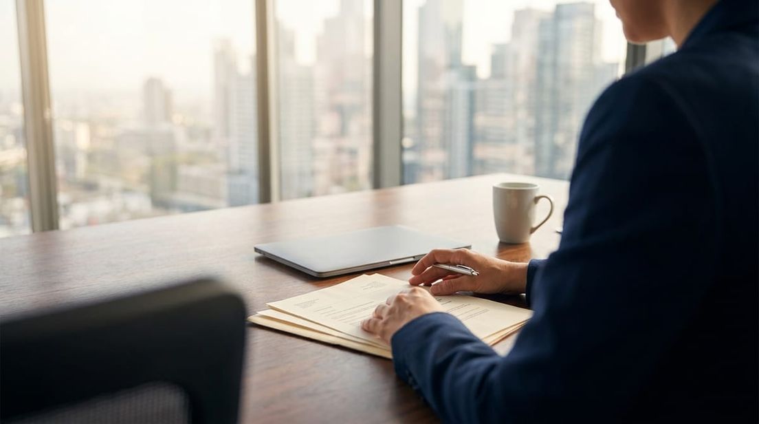 Over-the-shoulder view of an independent professional reviewing a contract at a wooden desk in a modern private office.