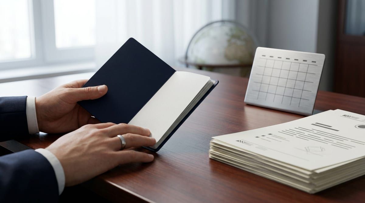 Close-up of hands holding an open passport and official documents next to a desk calendar on a professional office desk.