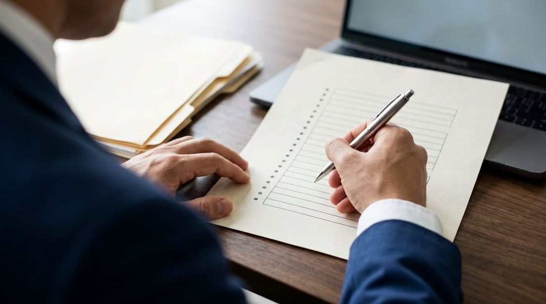 A person in a suit writes on a document at a wooden desk next to a laptop.
