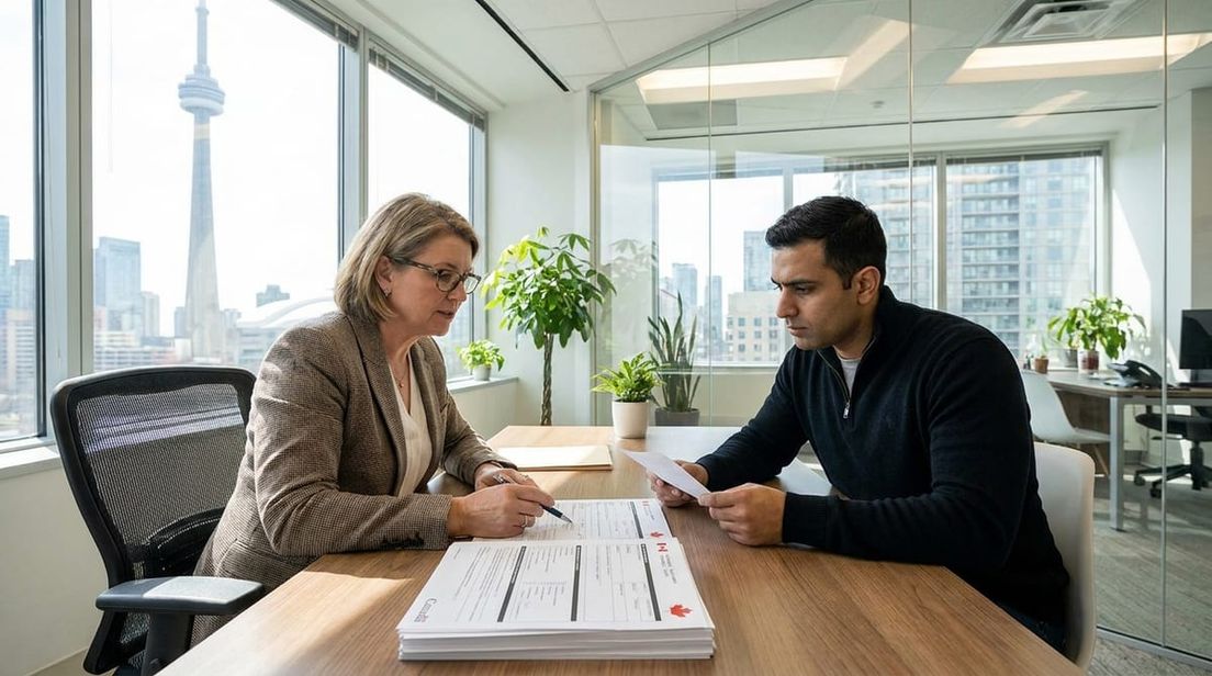 An immigration consultant reviews Canadian forms with a client in a Toronto office overlooking the CN Tower.
