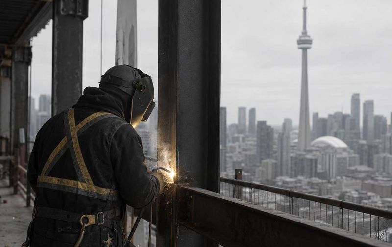 A welder in protective gear welds a steel beam overlooking the Toronto skyline and CN Tower.