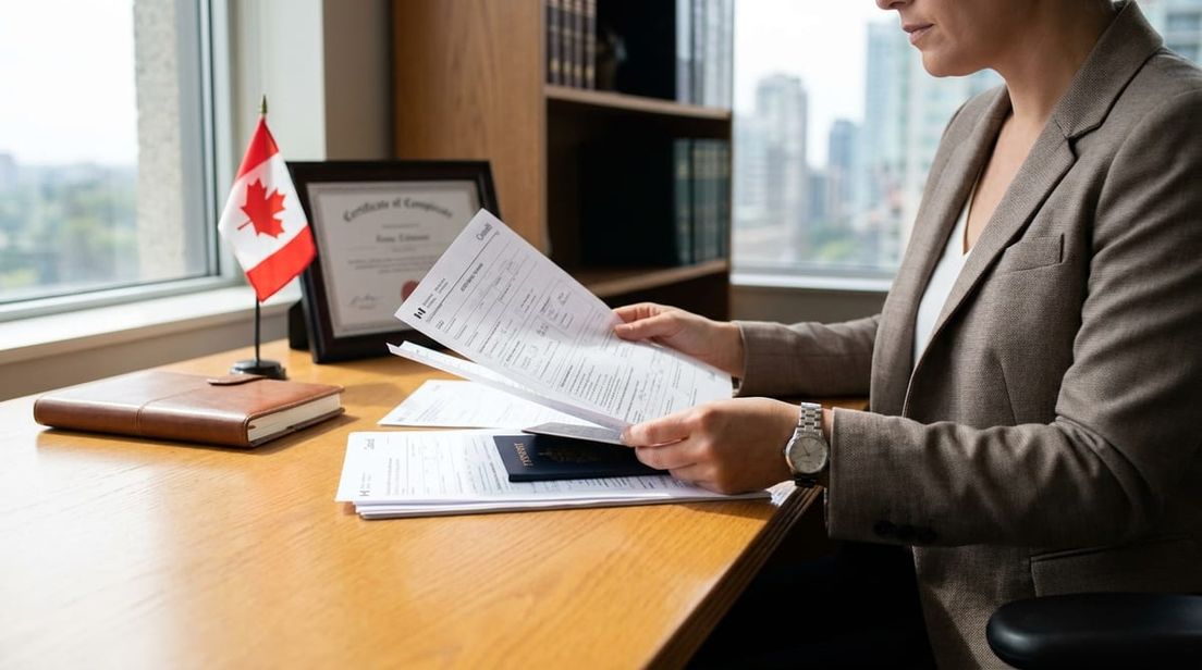 A woman in a blazer reviews Canadian immigration documents and a passport at her office desk.
