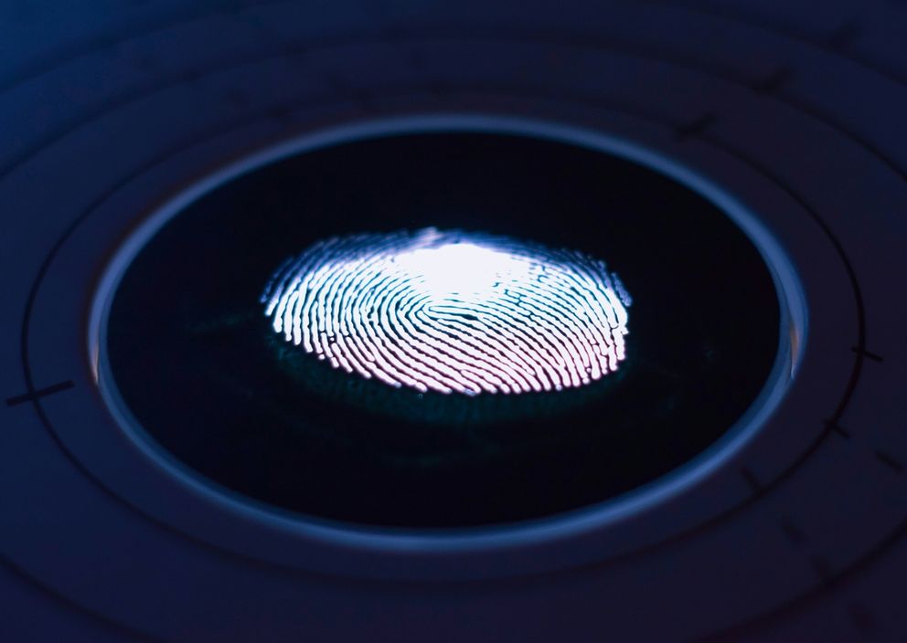 A glowing fingerprint scan illuminated on a dark circular biometric scanner.
