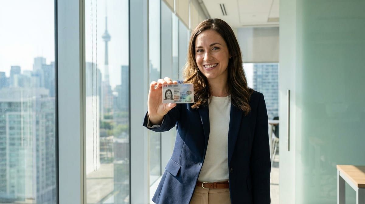 A successful immigration candidate holding a Canadian Permanent Resident card in a modern office.