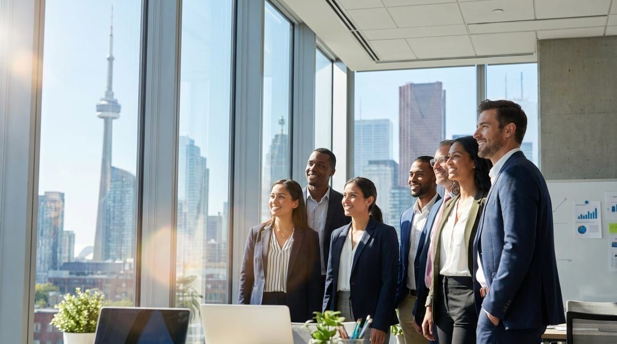 Professionals looking at the Toronto skyline, representing new opportunities for immigrants through the Canadian Experience Class.