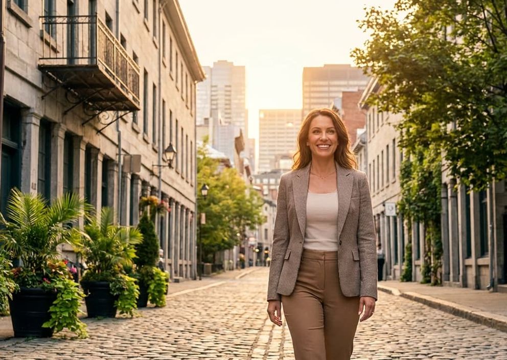Professional woman walking on a sunlit historic Montreal street with modern city buildings in the background.