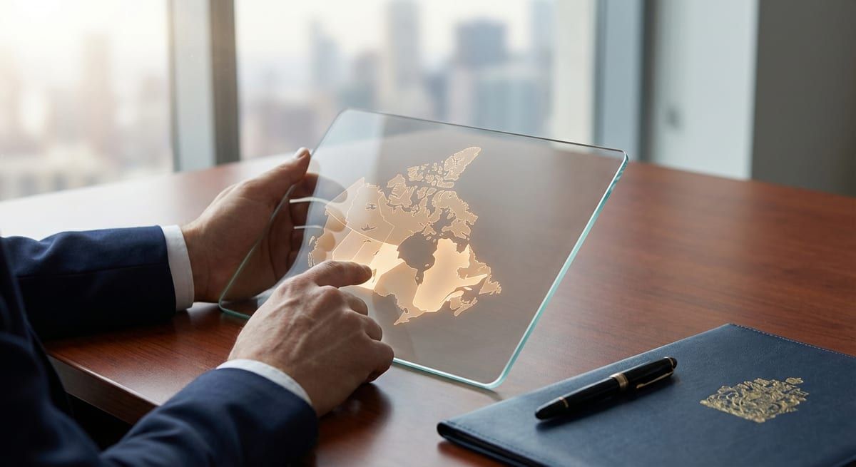 Close-up of hands at a desk with a glowing digital map of Canada and a gold-crested document in a professional setting.