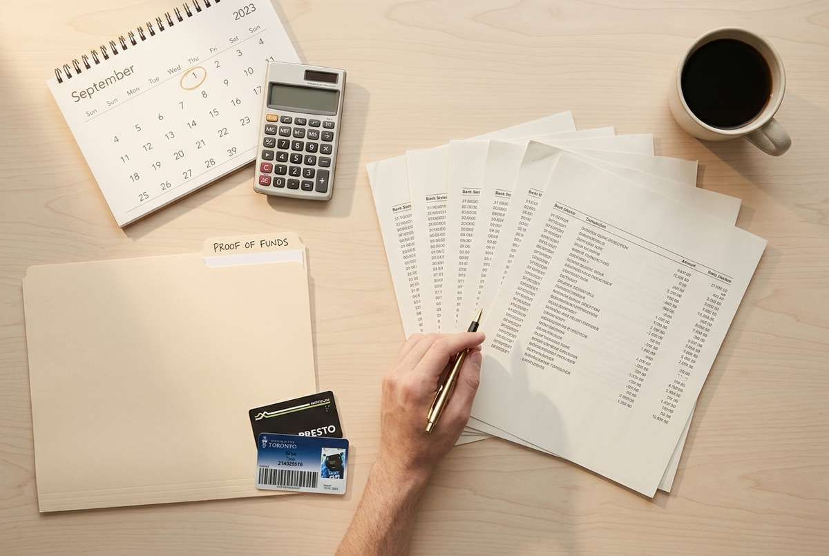 Person reviewing bank statements next to a proof of funds folder, calculator, and calendar on a desk.