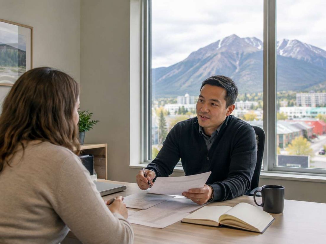 A man holding documents speaks with a woman across a desk in an office with a scenic mountain view.