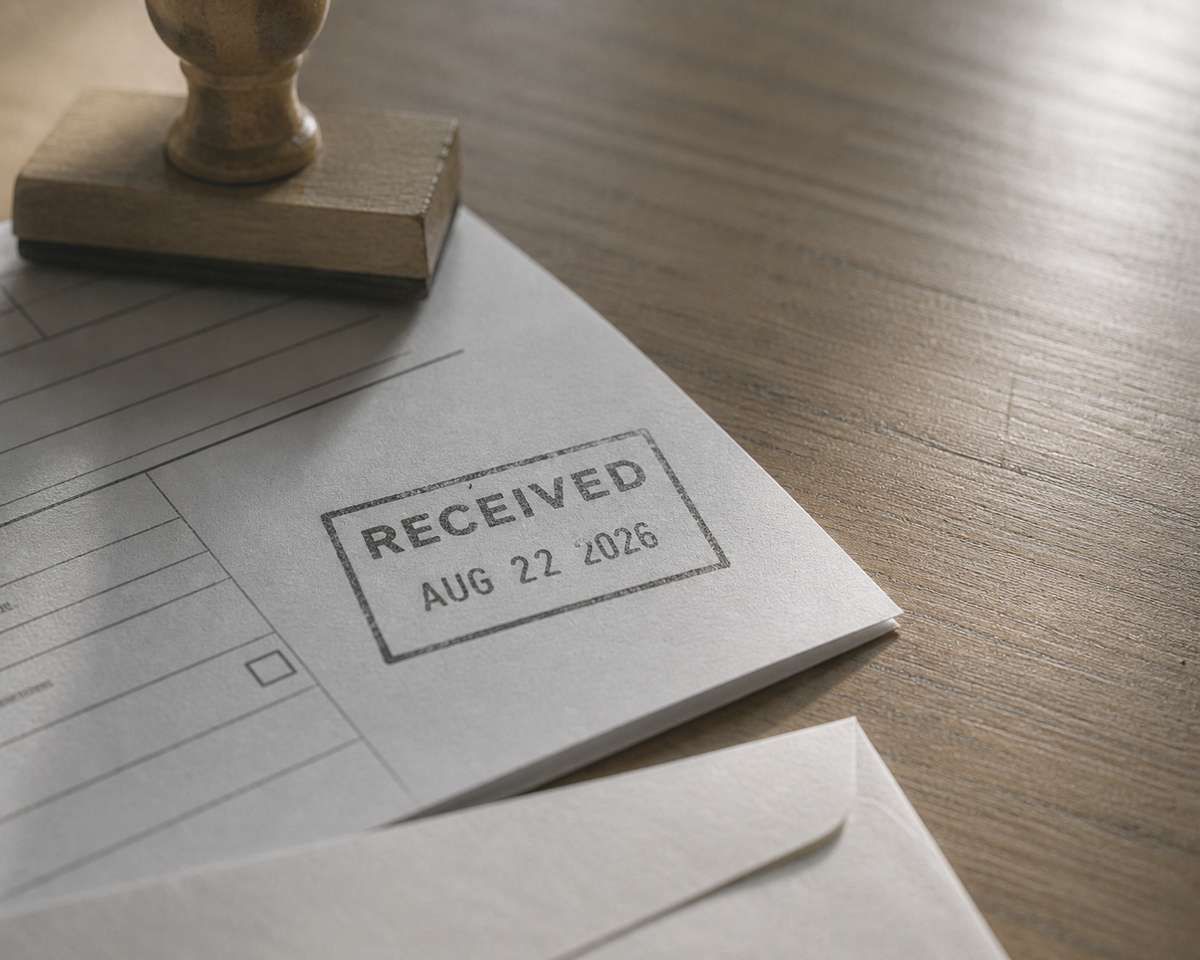A document stamped RECEIVED on a wooden desk beside a date stamp and an envelope.