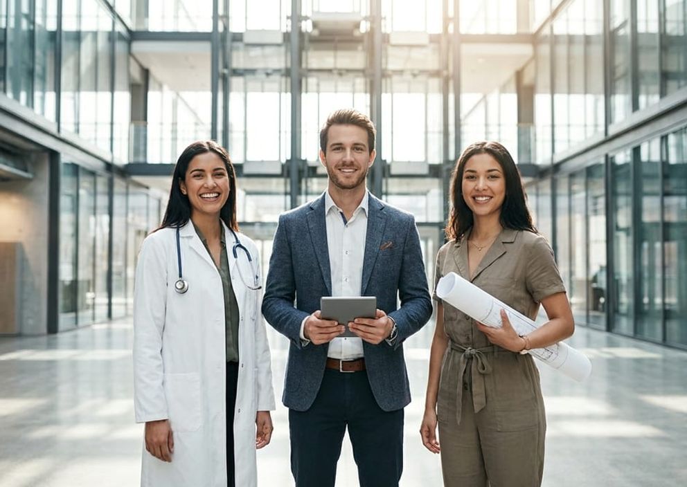 Diverse group of skilled professionals, including a doctor, standing in a bright, modern, sunlit glass atrium.