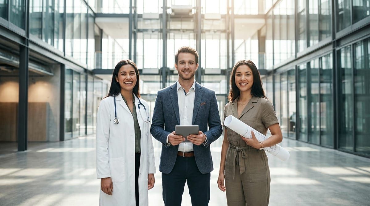 Diverse group of skilled professionals, including a doctor, standing in a bright, modern, sunlit glass atrium.
