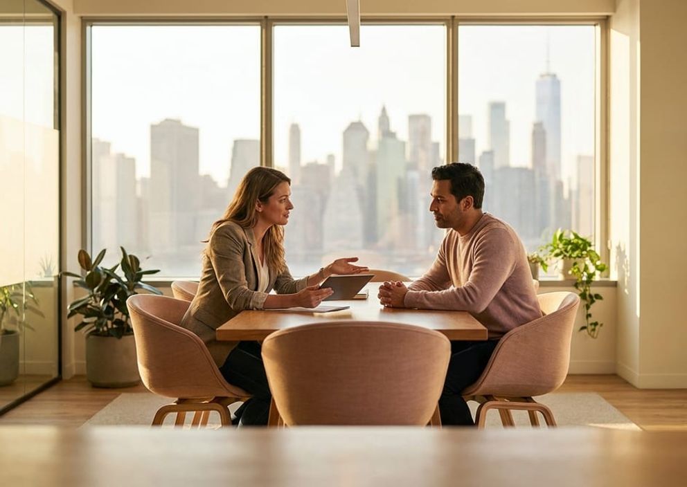 An immigration consultant speaking reassuringly with a client in a bright, modern office.