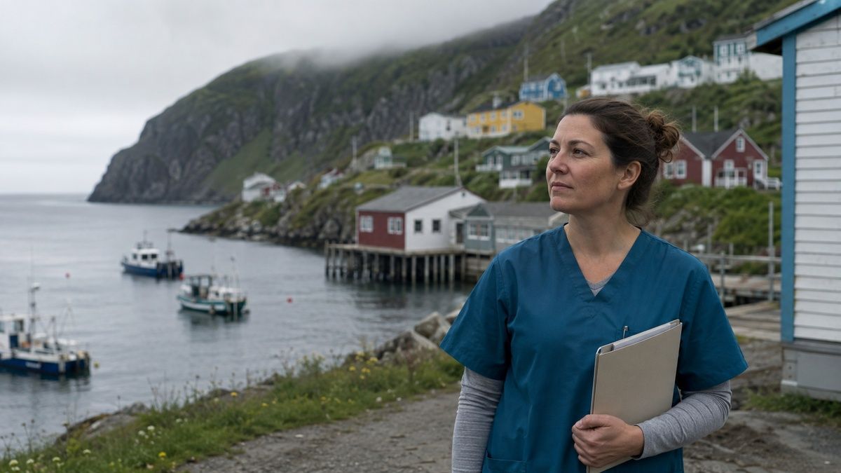 A healthcare worker in blue scrubs holding a folder near a coastal harbor with boats and houses.