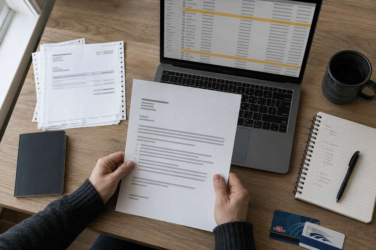A person holding a printed document at a wooden desk beside an open laptop and notebook.