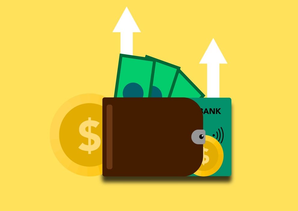 An illustration of a brown wallet with cash, coins, a bank card, and upward arrows on a yellow background.