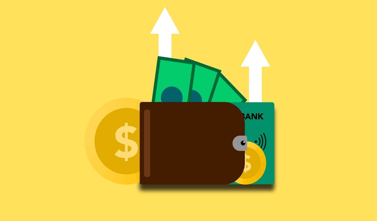 An illustration of a brown wallet with cash, coins, a bank card, and upward arrows on a yellow background.