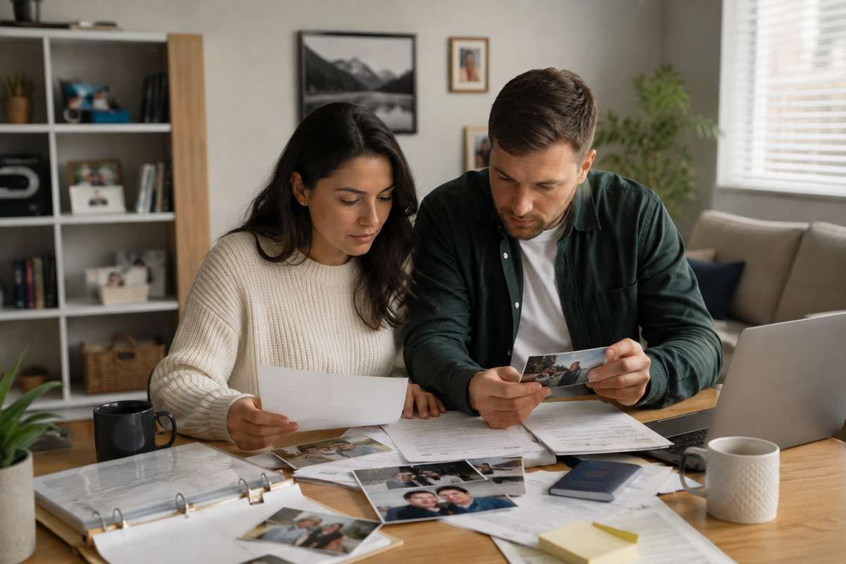 A man and woman sit at a desk reviewing printed photos, documents, and a passport.
