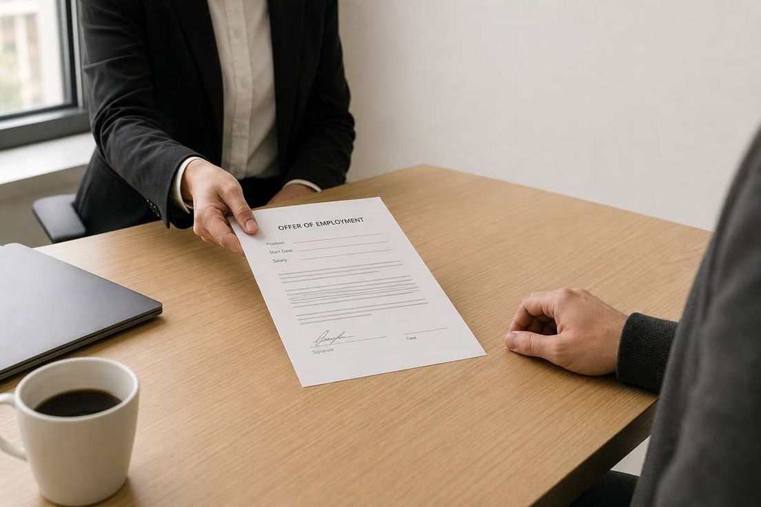 A person in a suit hands an offer of employment document across a desk to an applicant.