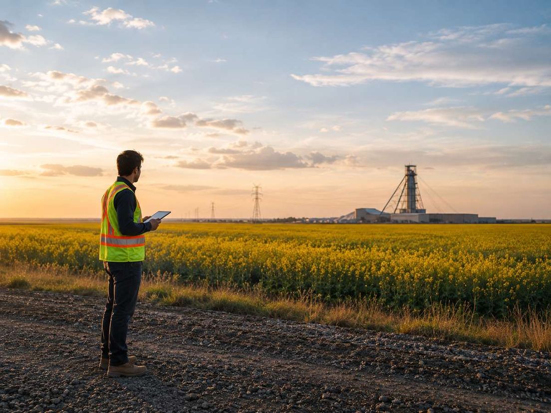 A worker in a safety vest holds a tablet beside a yellow field, looking toward an industrial site at sunset.