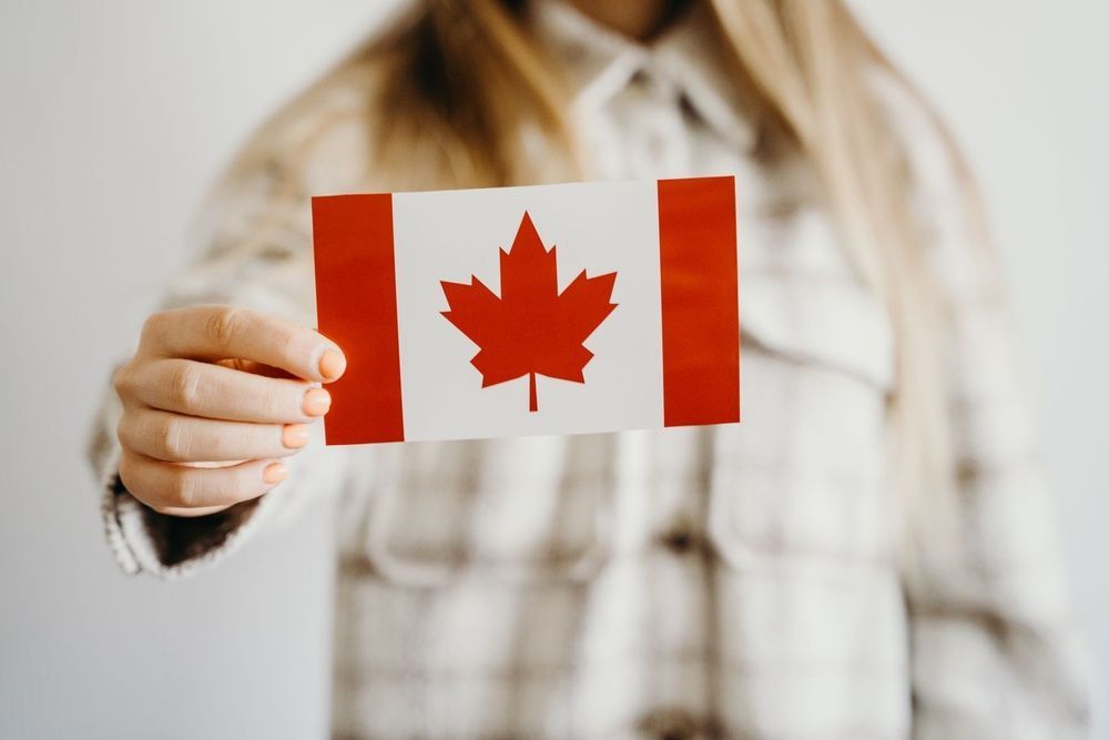A person holding up a small printed Canadian flag.