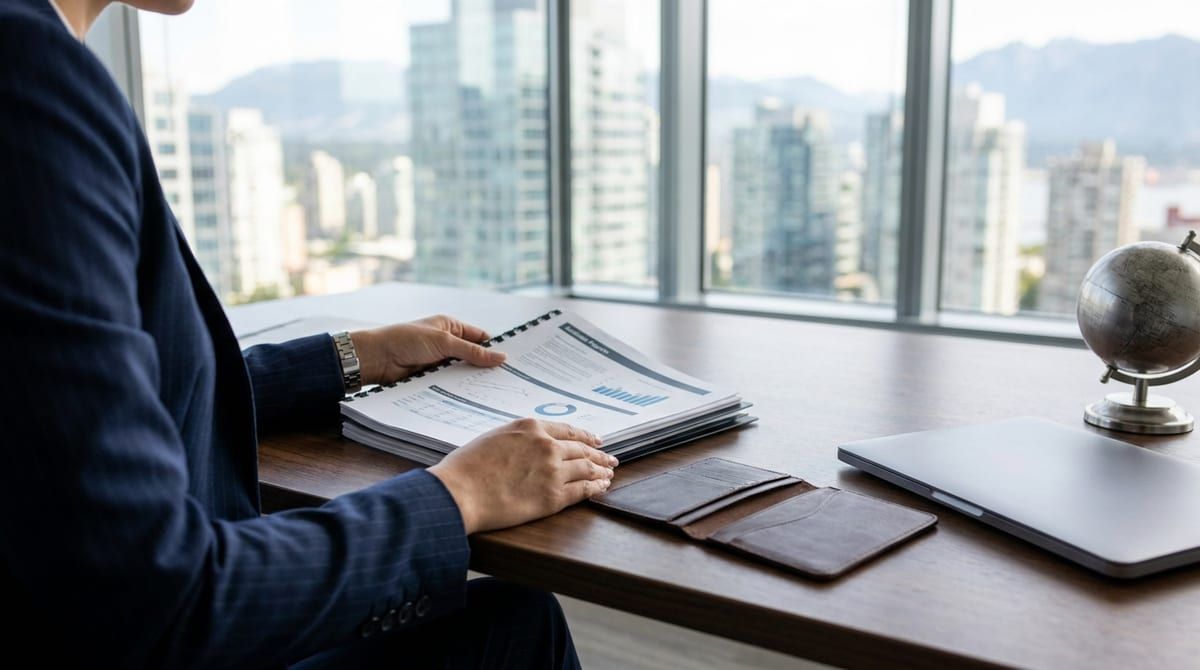 Hands of an executive in a tailored suit reviewing corporate documents and a passport on a desk with a city skyline behind.