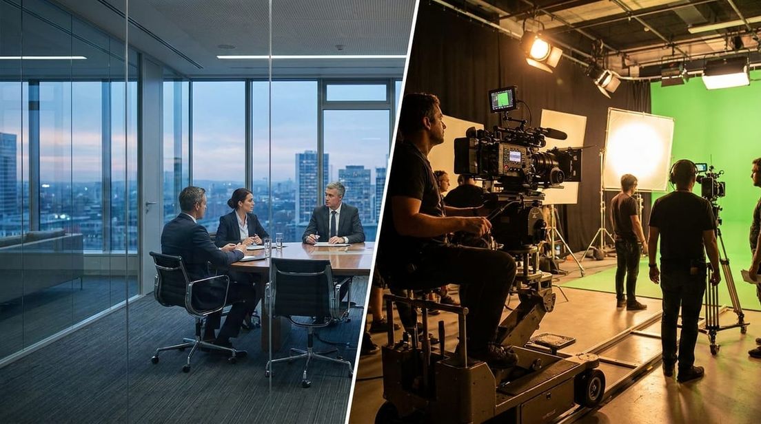 Dual concept showing corporate executives and a professional film set
