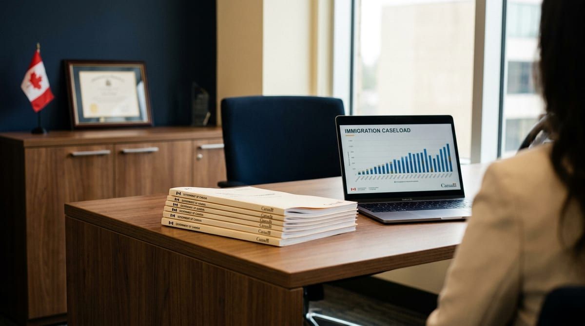 Official immigration documents and a laptop on a modern office desk