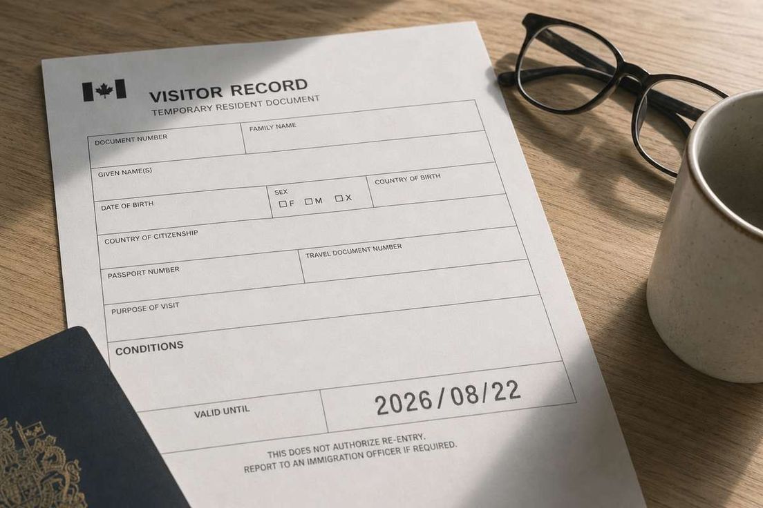A Canadian Visitor Record document on a wooden desk next to eyeglasses, a mug, and a passport.