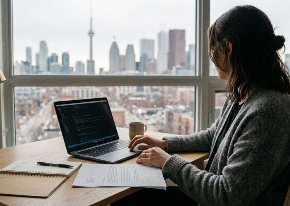 A woman sits at a desk with a laptop and papers, looking out a window at the Toronto skyline.