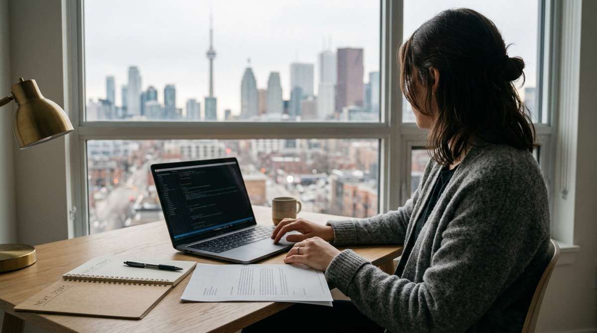 A woman sits at a desk with a laptop and papers, looking out a window at the Toronto skyline.