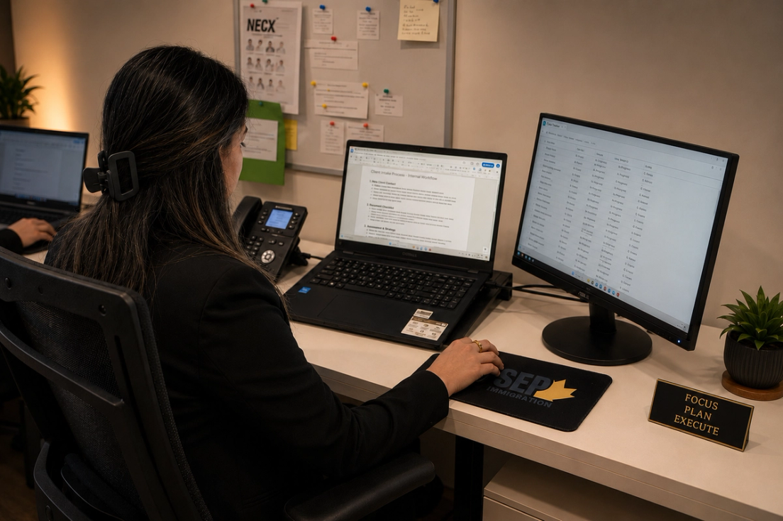 A woman sits at an office desk working on a laptop and a computer monitor.