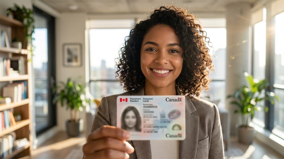 A person holding a Canadian Permanent Resident card after a French-language proficiency draw.