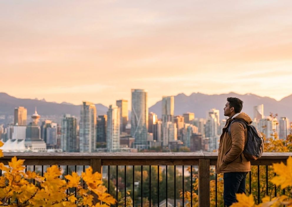 A student looking out at a modern Canadian city skyline at sunrise, symbolizing study and career opportunities.