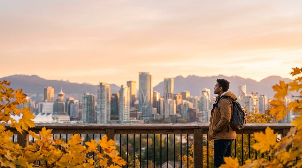 A student looking out at a modern Canadian city skyline at sunrise, symbolizing study and career opportunities.