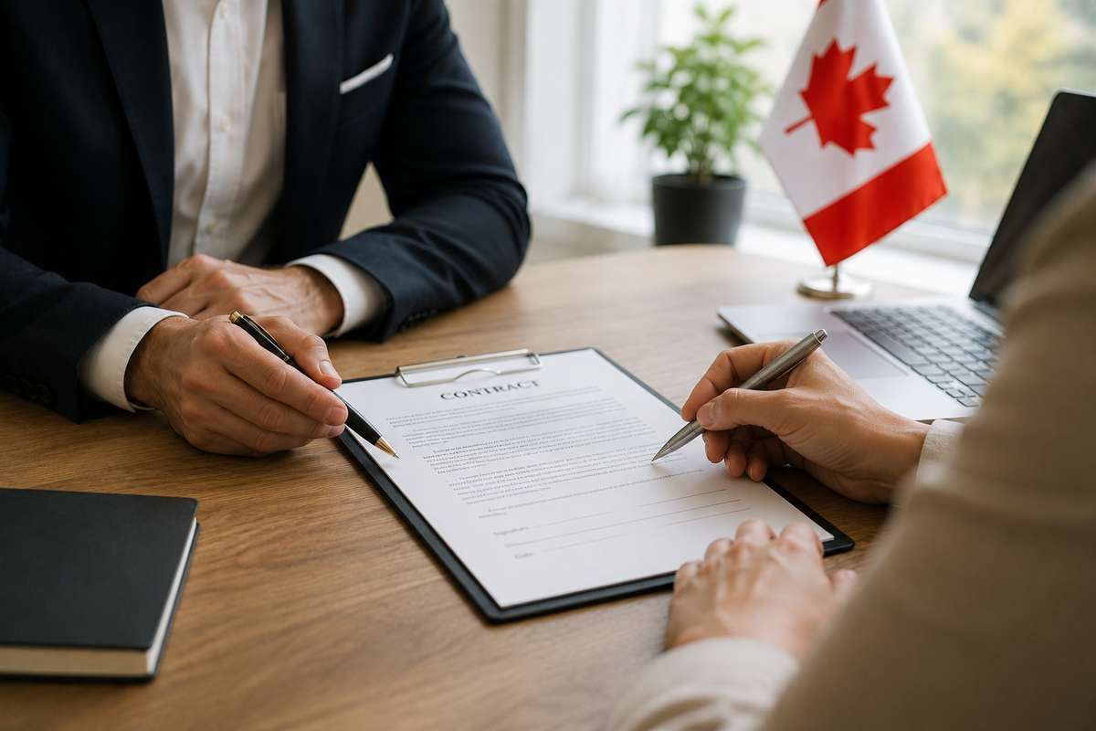 Two people reviewing a contract on a desk next to a small Canadian flag.