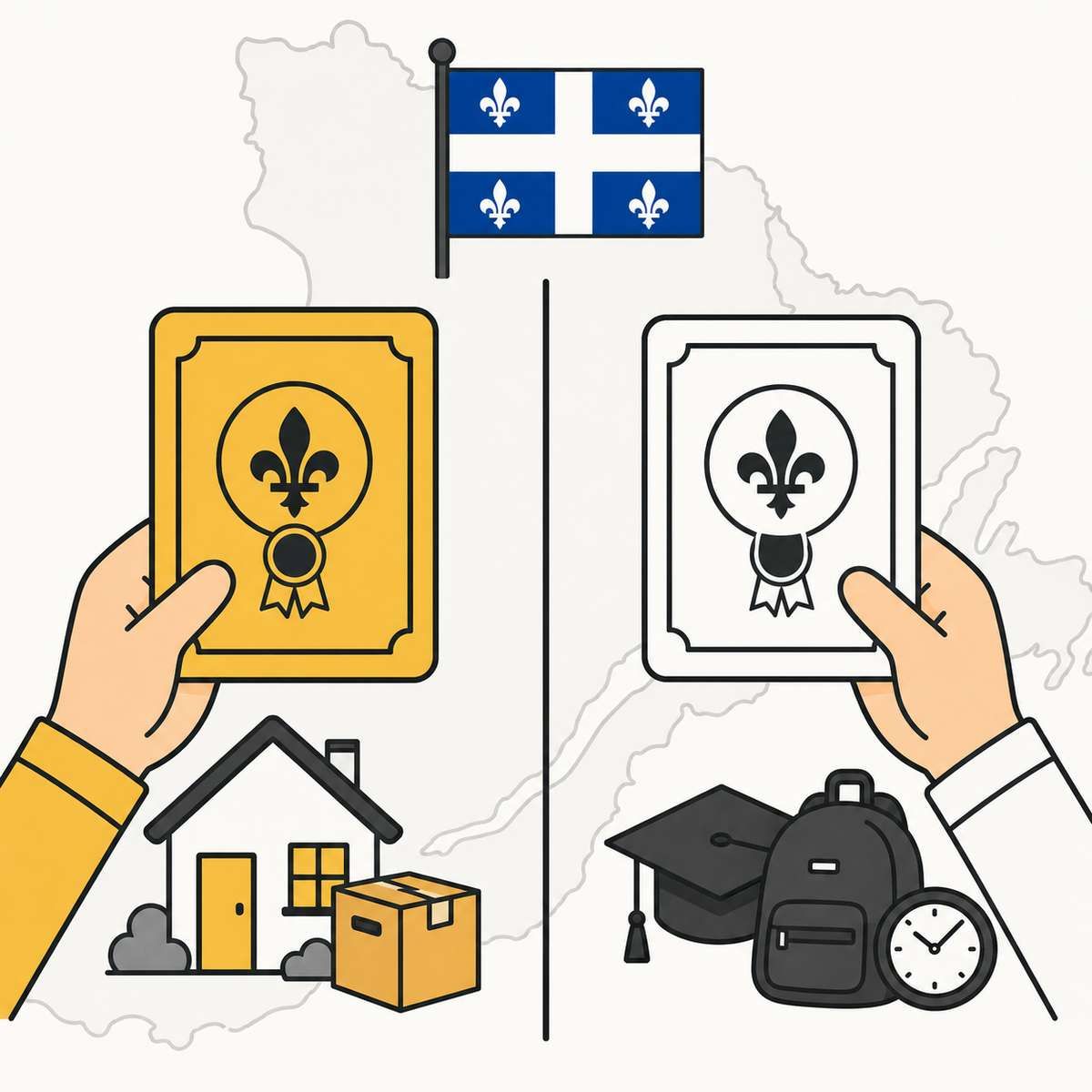 Illustration of the Quebec flag, hands holding fleur-de-lis certificates, a house, and study items.