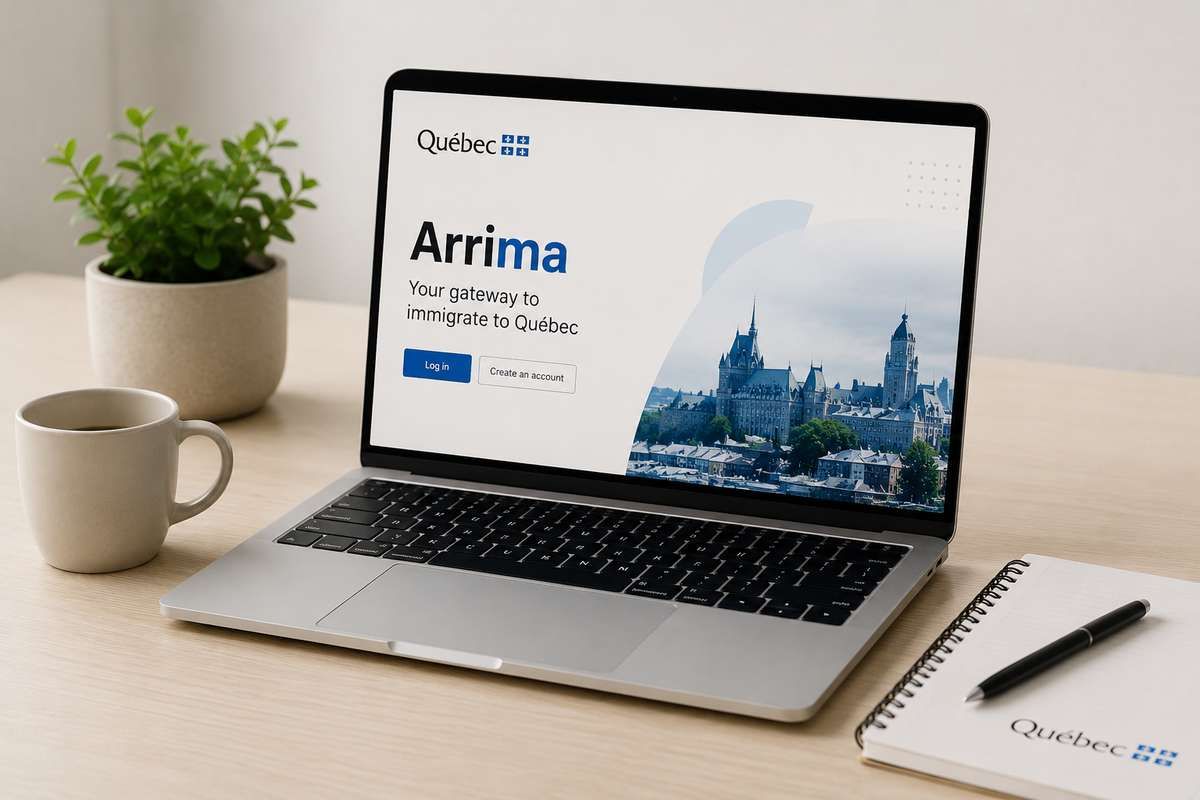 A laptop displaying the Quebec Arrima immigration portal on a desk next to a mug and notebook.